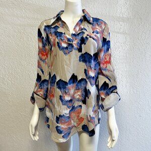 Chicos Blouse Long Sleeve Floral Multi Color V Neck Shirt Womens Small